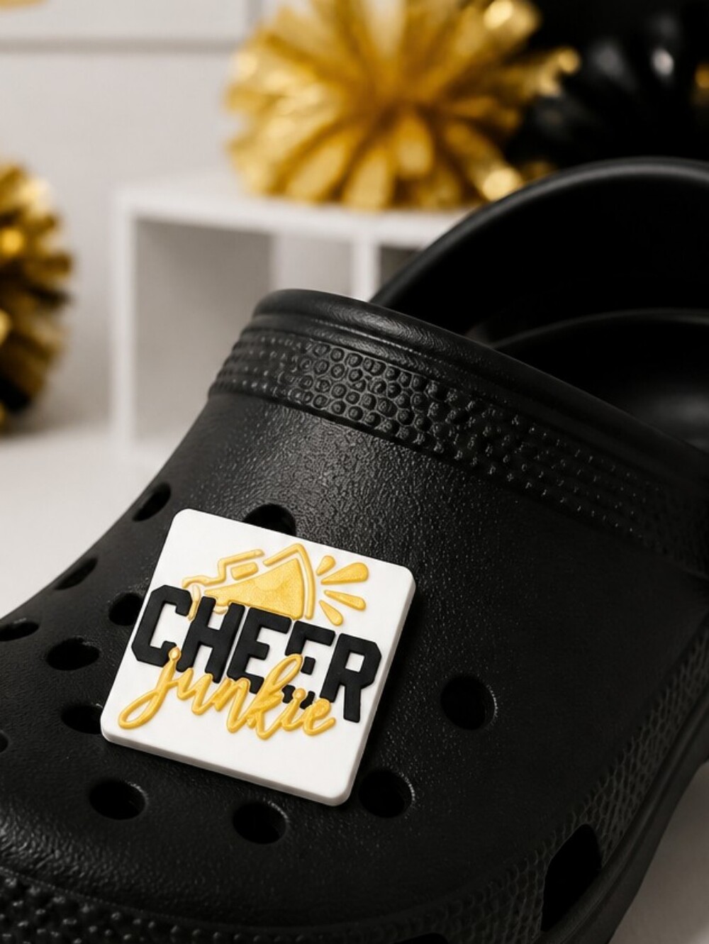 Cheer Junkie Croc Shoe Charm Megaphone Black Gold Cheerleader Jibbitz Style